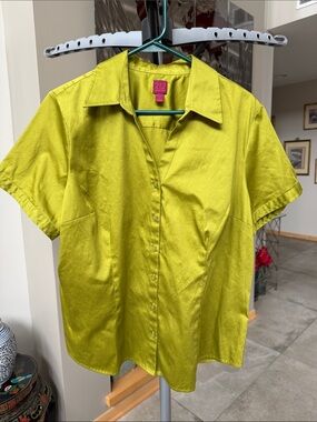 212 Collection Chartreuse Bright Lime Short Sleeve Button-Front Shirt Women’s XL